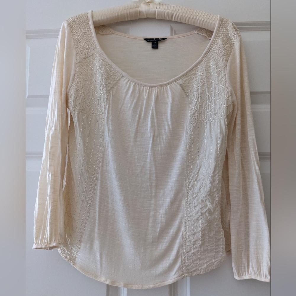 American Eagle Outfitters top embroidered details semi sheer boho neutral